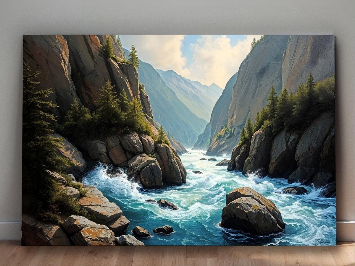 Faszinierende Berglandschaft mit Fluss- Wandbild auf Leinwand