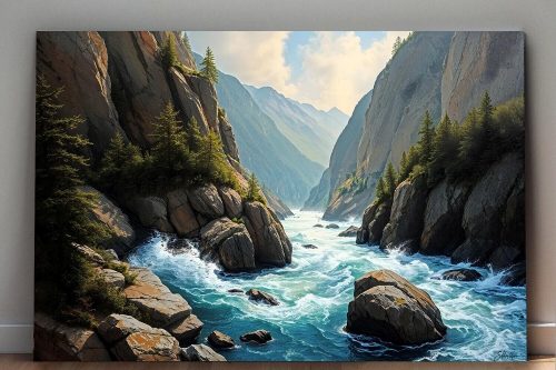 Faszinierende Berglandschaft mit Fluss- Wandbild auf Leinwand