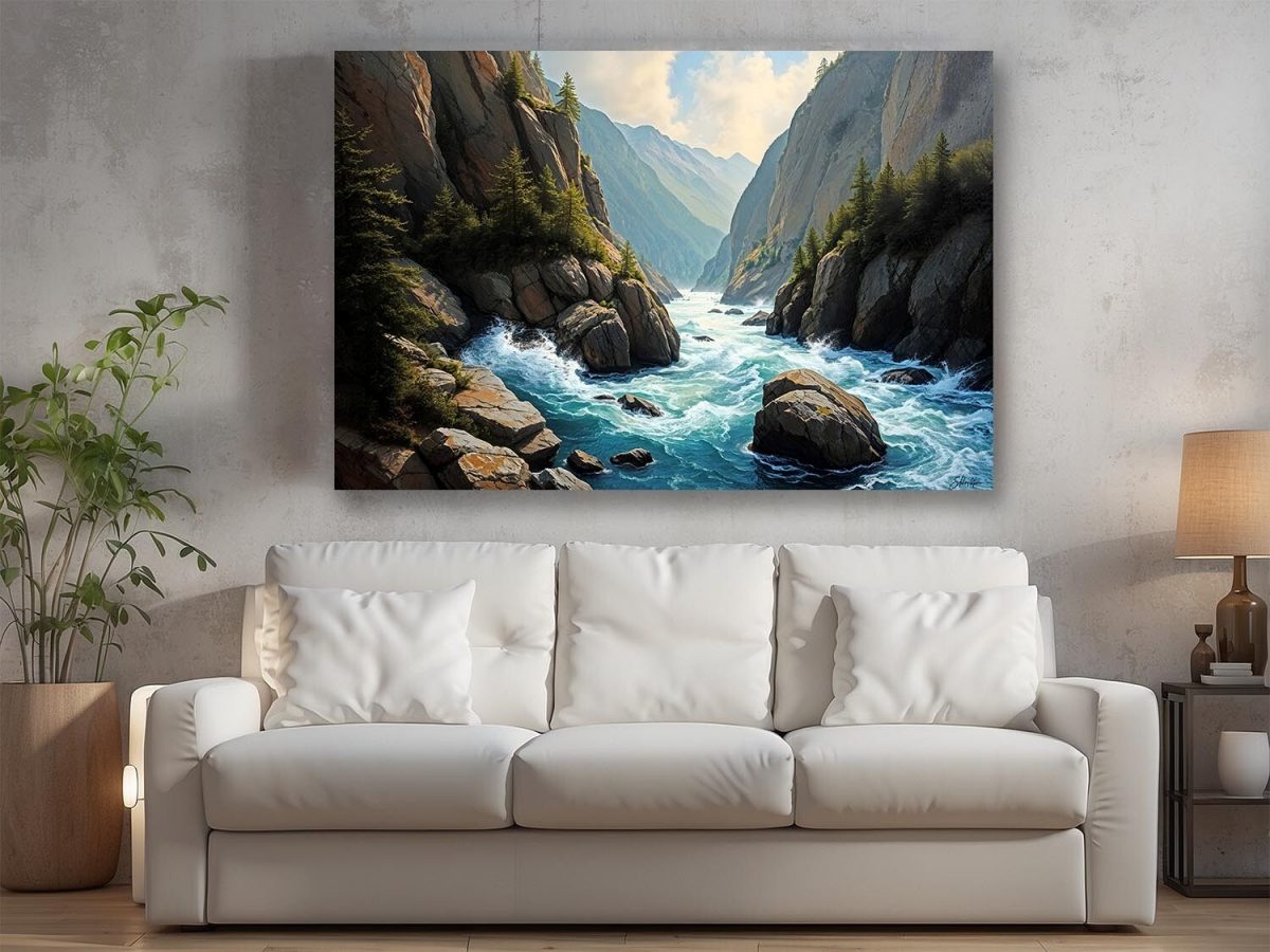 Faszinierende Berglandschaft mit Fluss- Wandbild auf Leinwand
