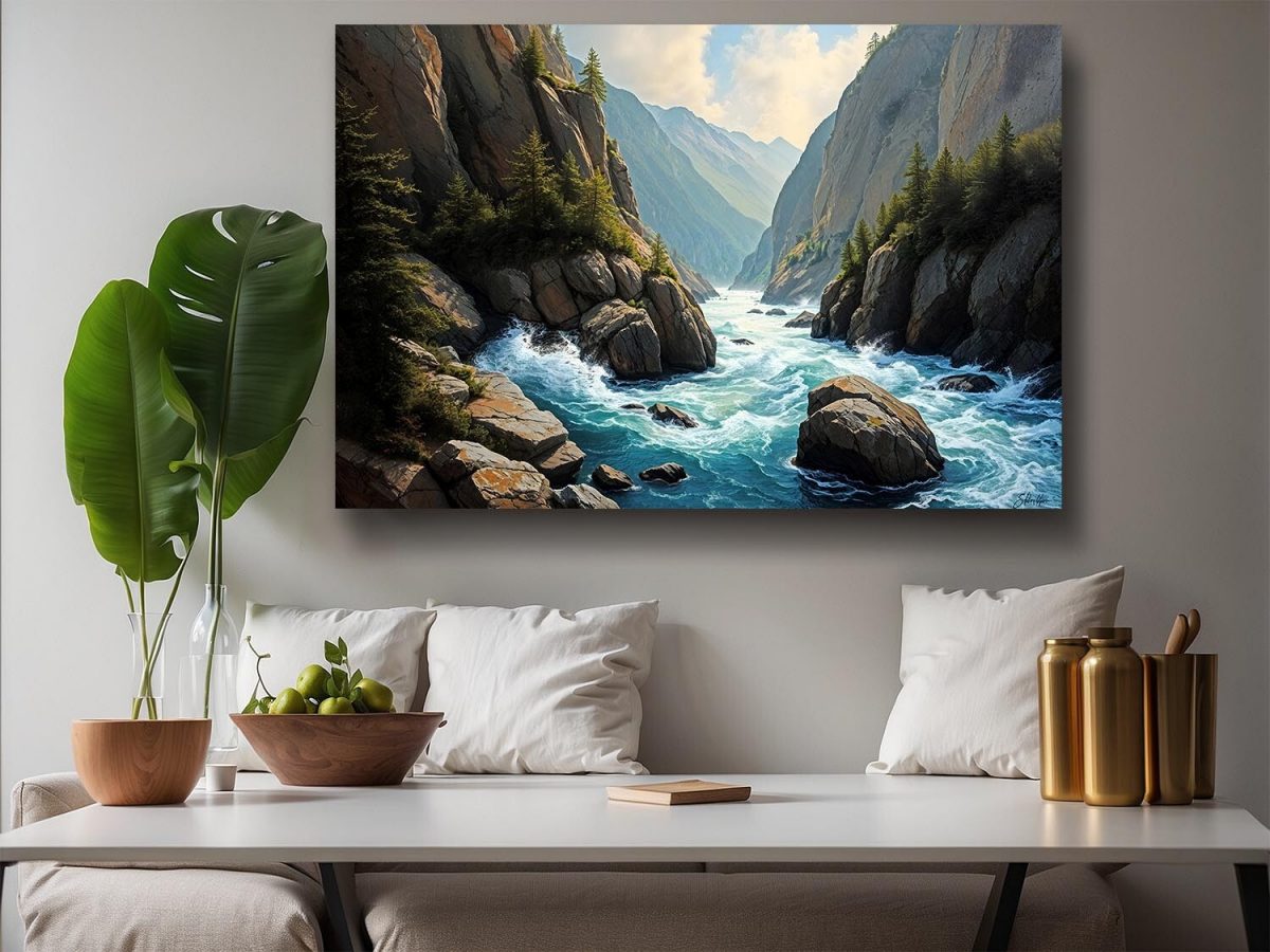 Faszinierende Berglandschaft mit Fluss- Wandbild auf Leinwand