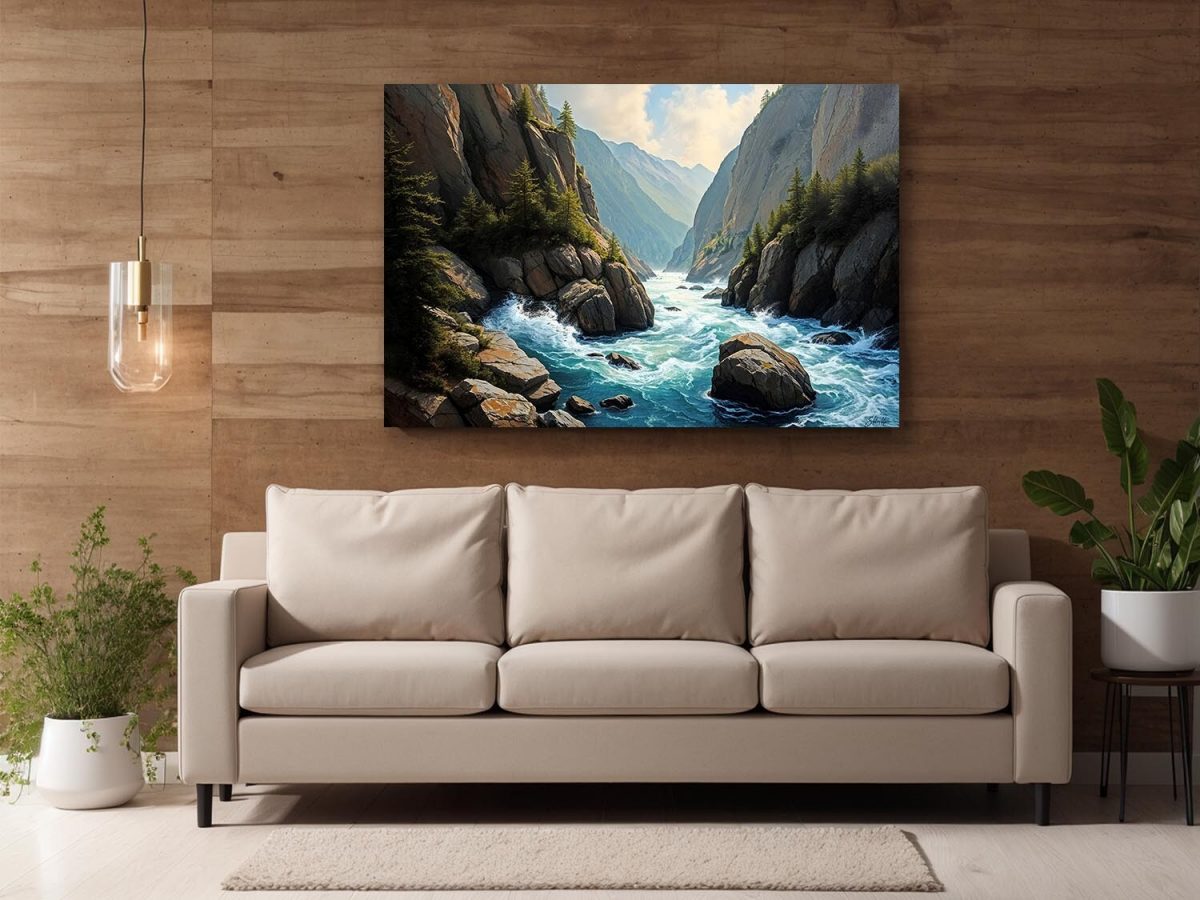 Faszinierende Berglandschaft mit Fluss- Wandbild auf Leinwand