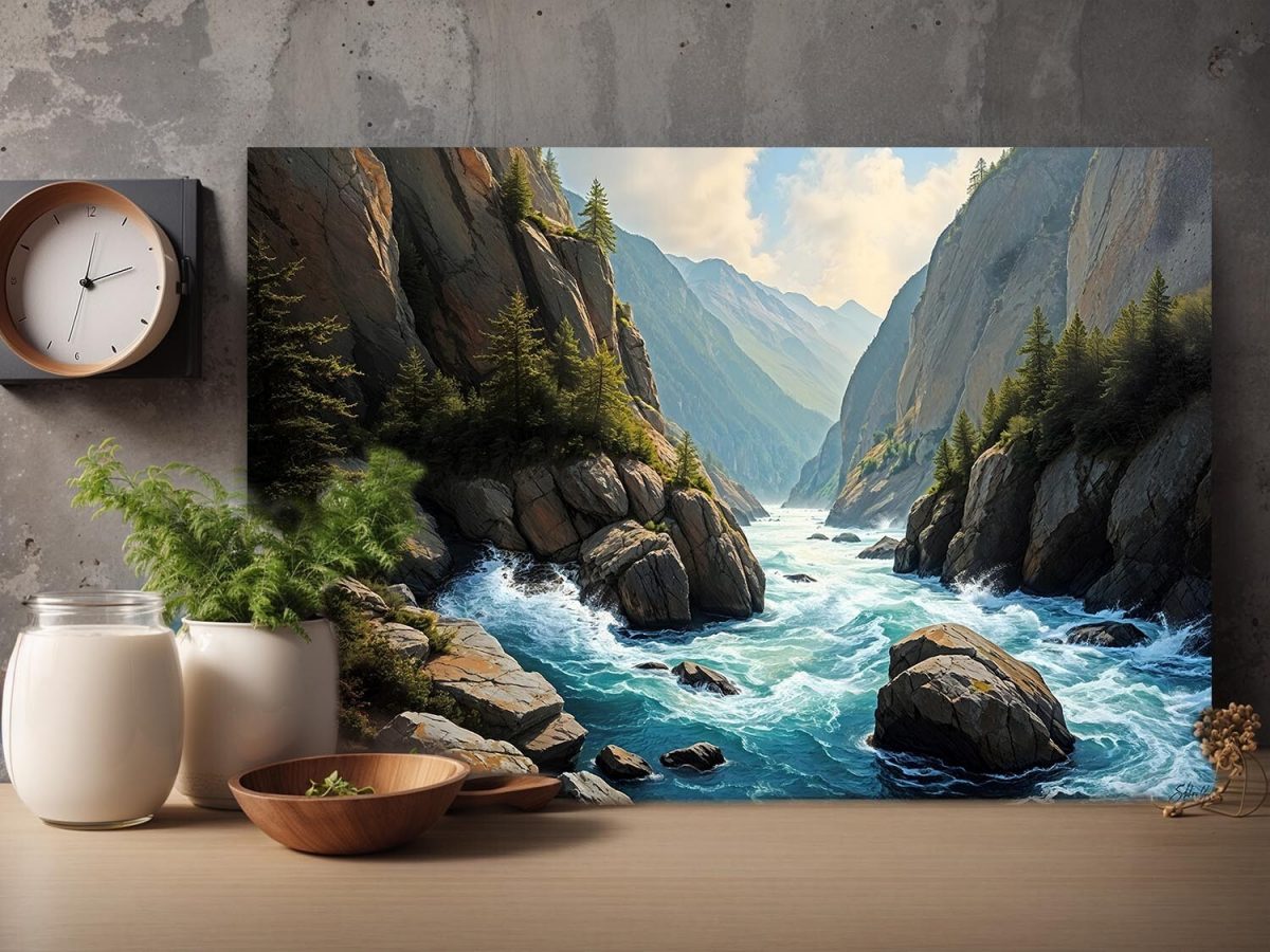 Faszinierende Berglandschaft mit Fluss- Wandbild auf Leinwand