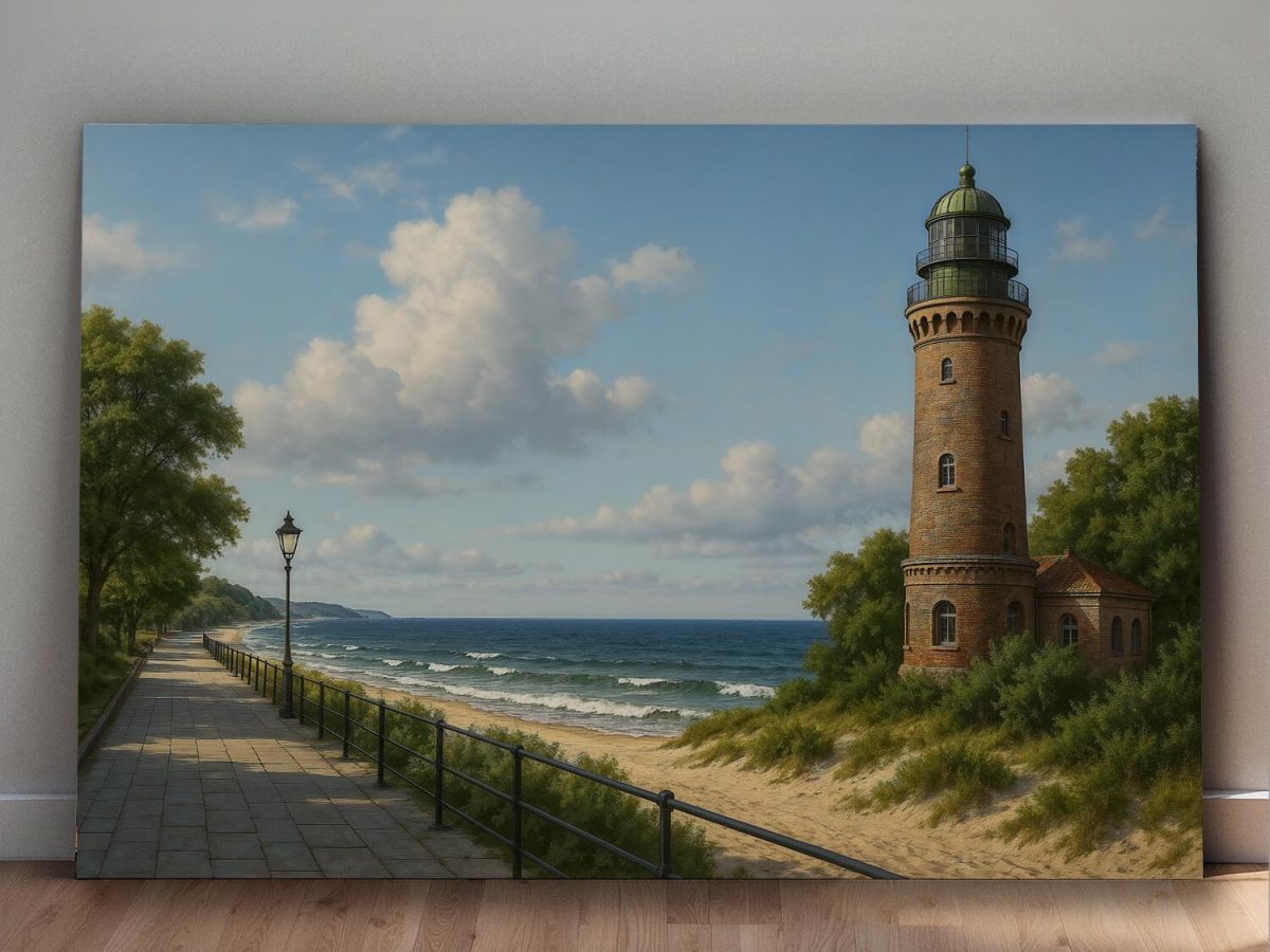 57-578.jpg Strandpromenade mit Leuchtturm – Druck auf Leiwand, Digital Art