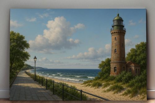 Strandpromenade mit Leuchtturm – Druck auf Leiwand, Digital Art