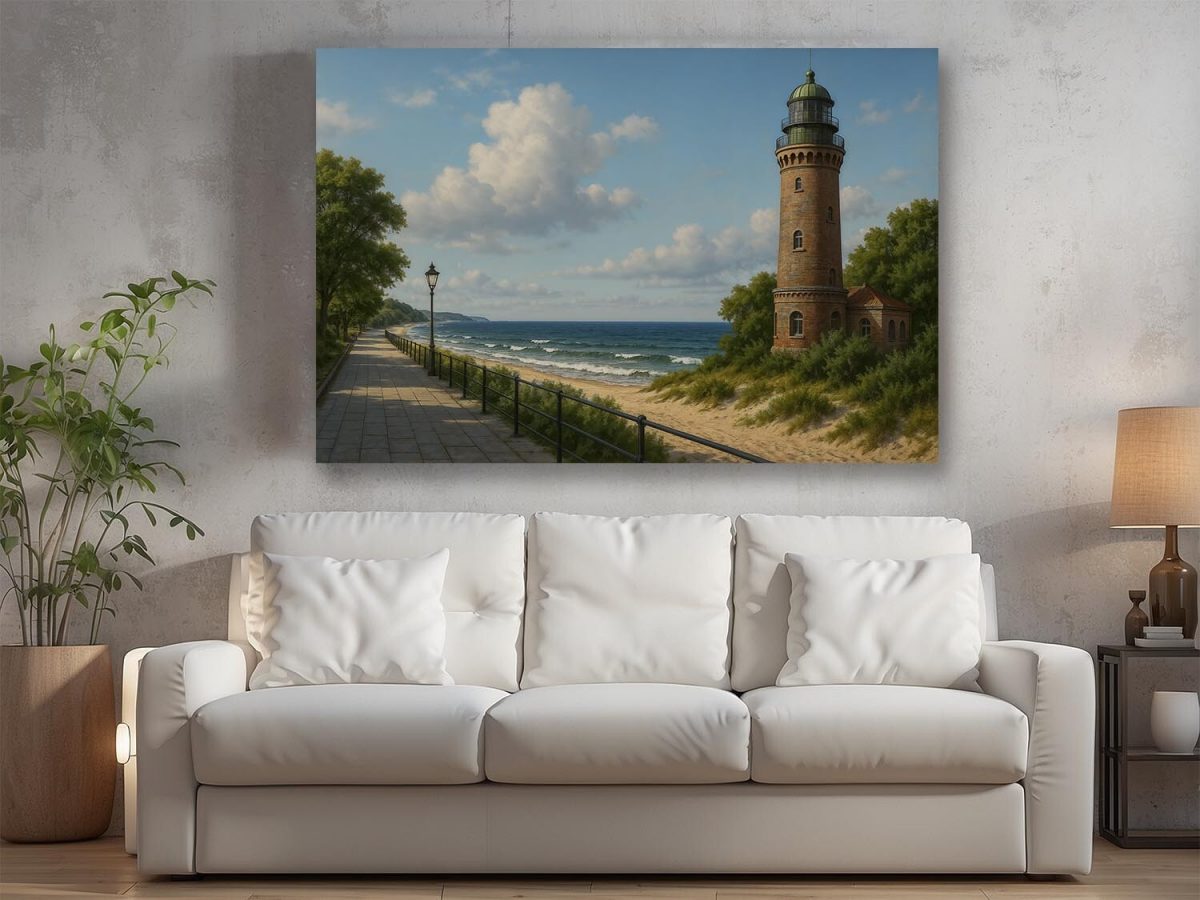 57-579.jpg Strandpromenade mit Leuchtturm – Druck auf Leiwand, Digital Art