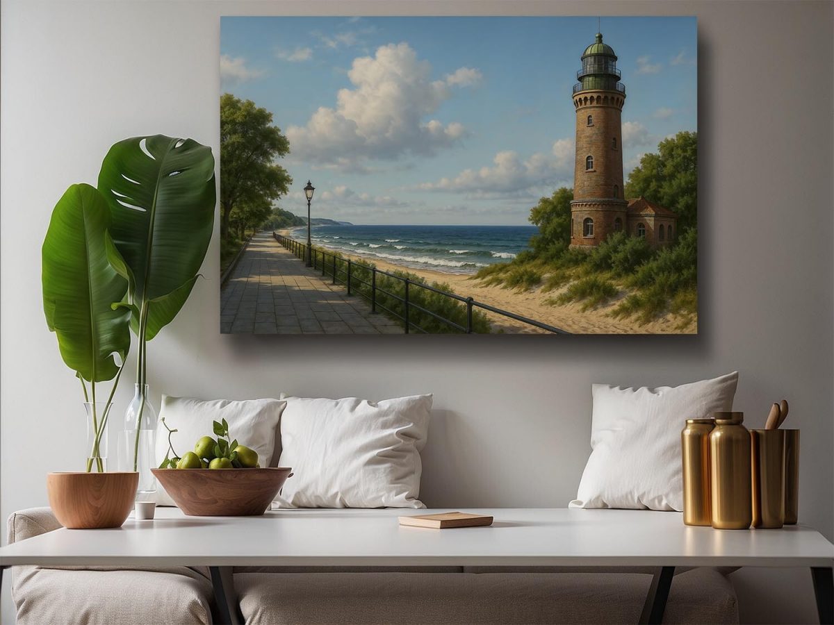 57-580.jpg Strandpromenade mit Leuchtturm – Druck auf Leiwand, Digital Art