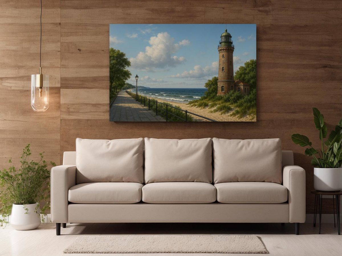 57-581.jpg Strandpromenade mit Leuchtturm – Druck auf Leiwand, Digital Art