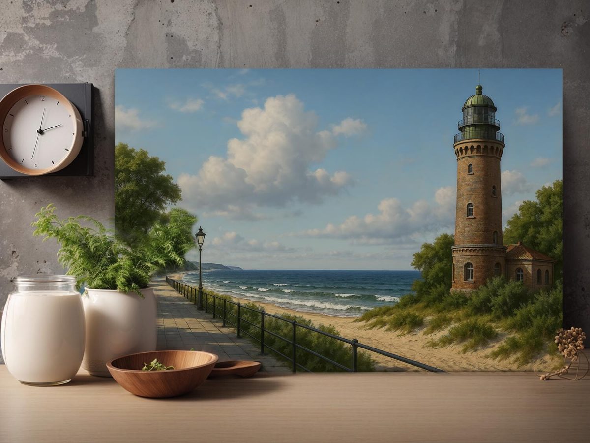 57-582.jpg Strandpromenade mit Leuchtturm – Druck auf Leiwand, Digital Art