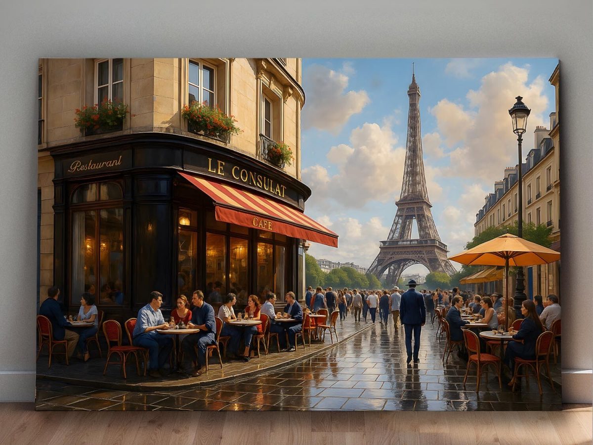 57-583.jpg Pariser Café mit Eiffelturm – Druck auf Leinwand, Digital Art