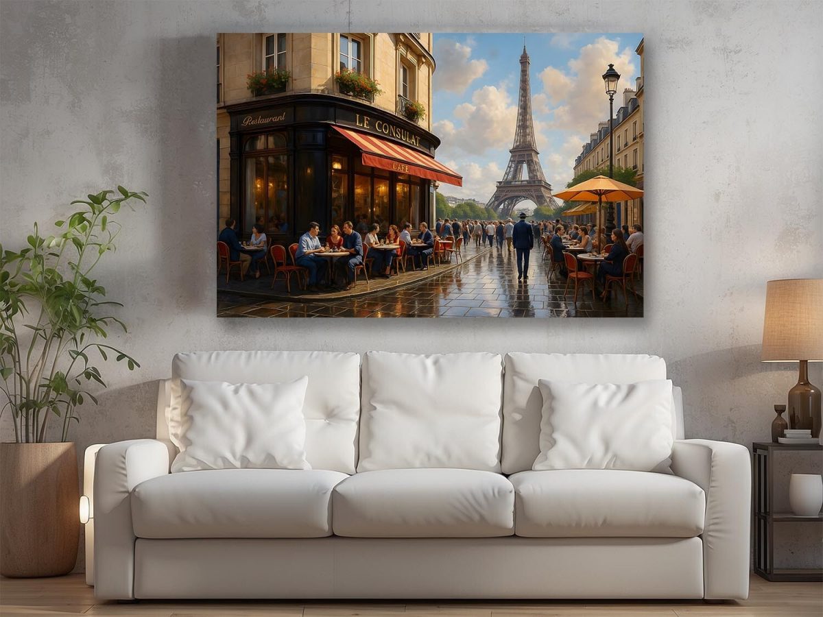 57-584.jpg Pariser Café mit Eiffelturm – Druck auf Leinwand, Digital Art