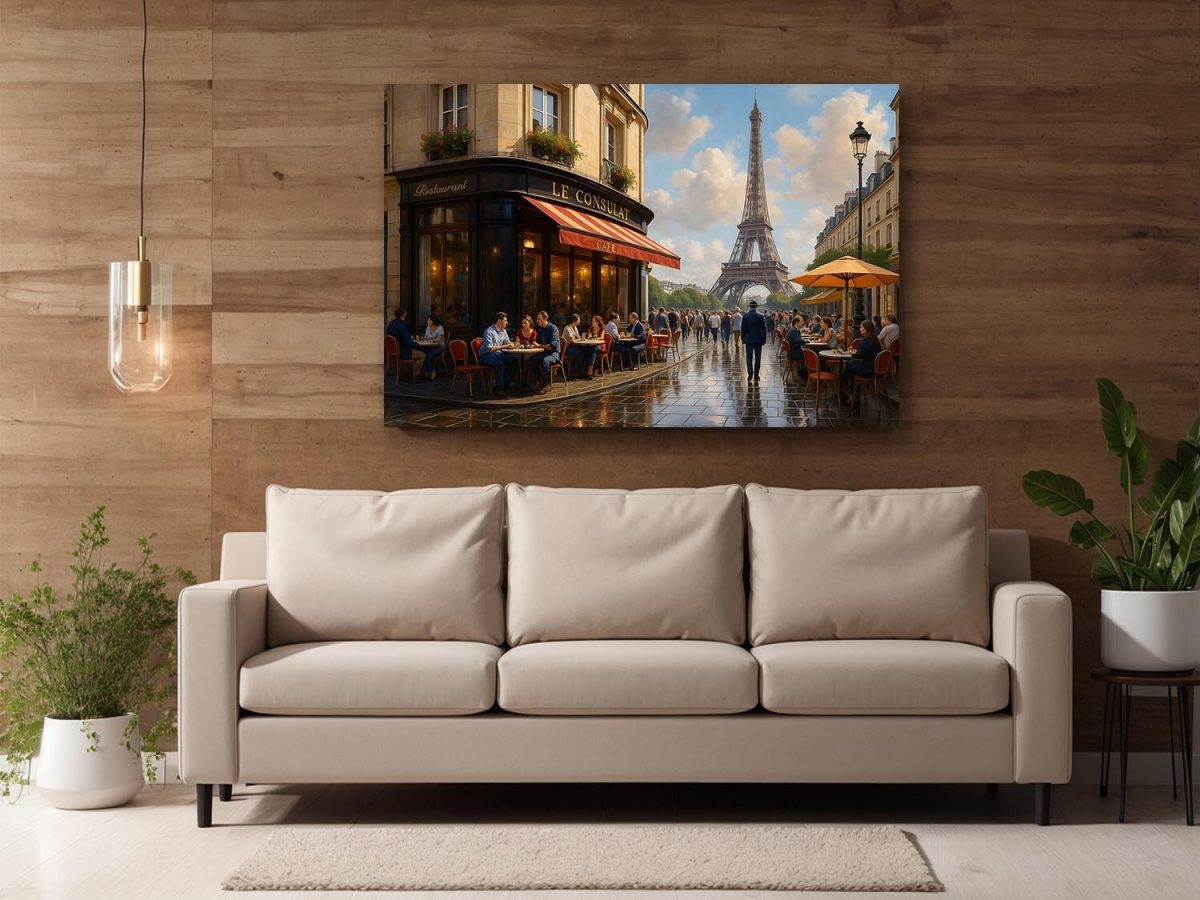 57-586.jpg Pariser Café mit Eiffelturm – Druck auf Leinwand, Digital Art