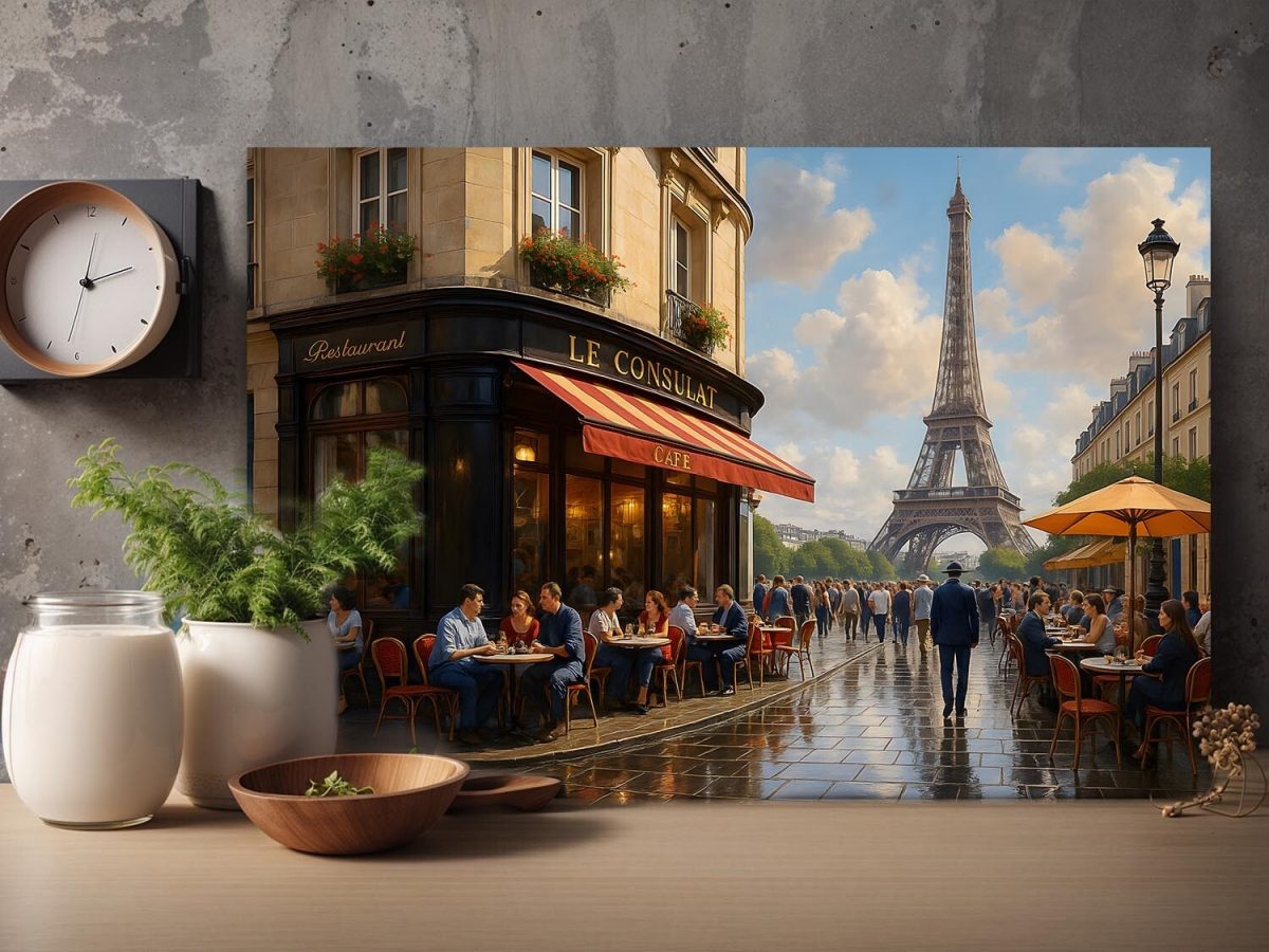 57-587.jpg Pariser Café mit Eiffelturm – Druck auf Leinwand, Digital Art