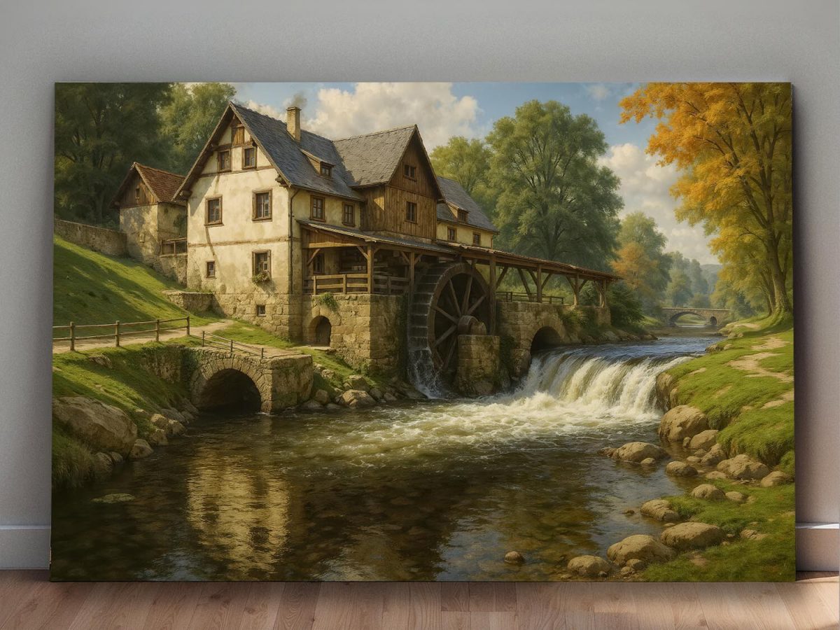 57-588.jpg Historische Wassermühle im Tal, Druck auf Leinwand, Digital Art