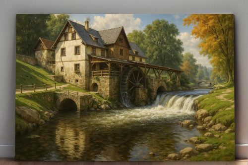 Historische Wassermühle im Tal, Druck auf Leinwand, Digital Art