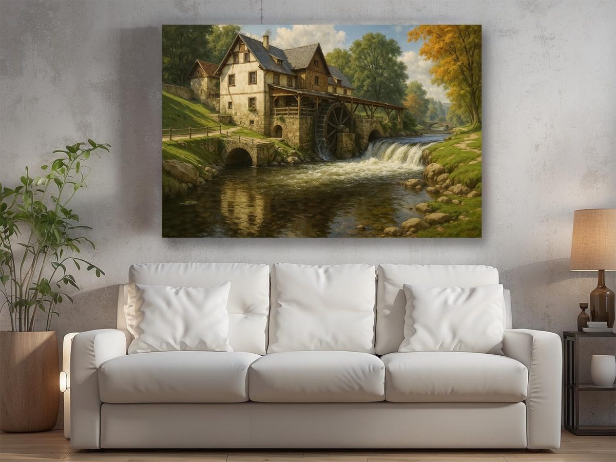 57-589.jpg Historische Wassermühle im Tal, Druck auf Leinwand, Digital Art