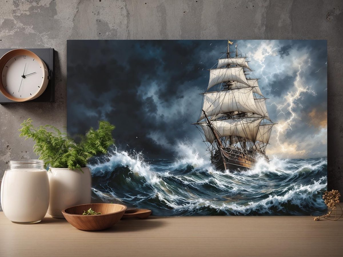 Segelschiff im Gewitter , Druck auf Leinwand,