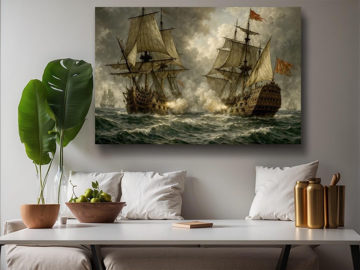 Segelschiff im Gefecht , Druck auf Leinwand,