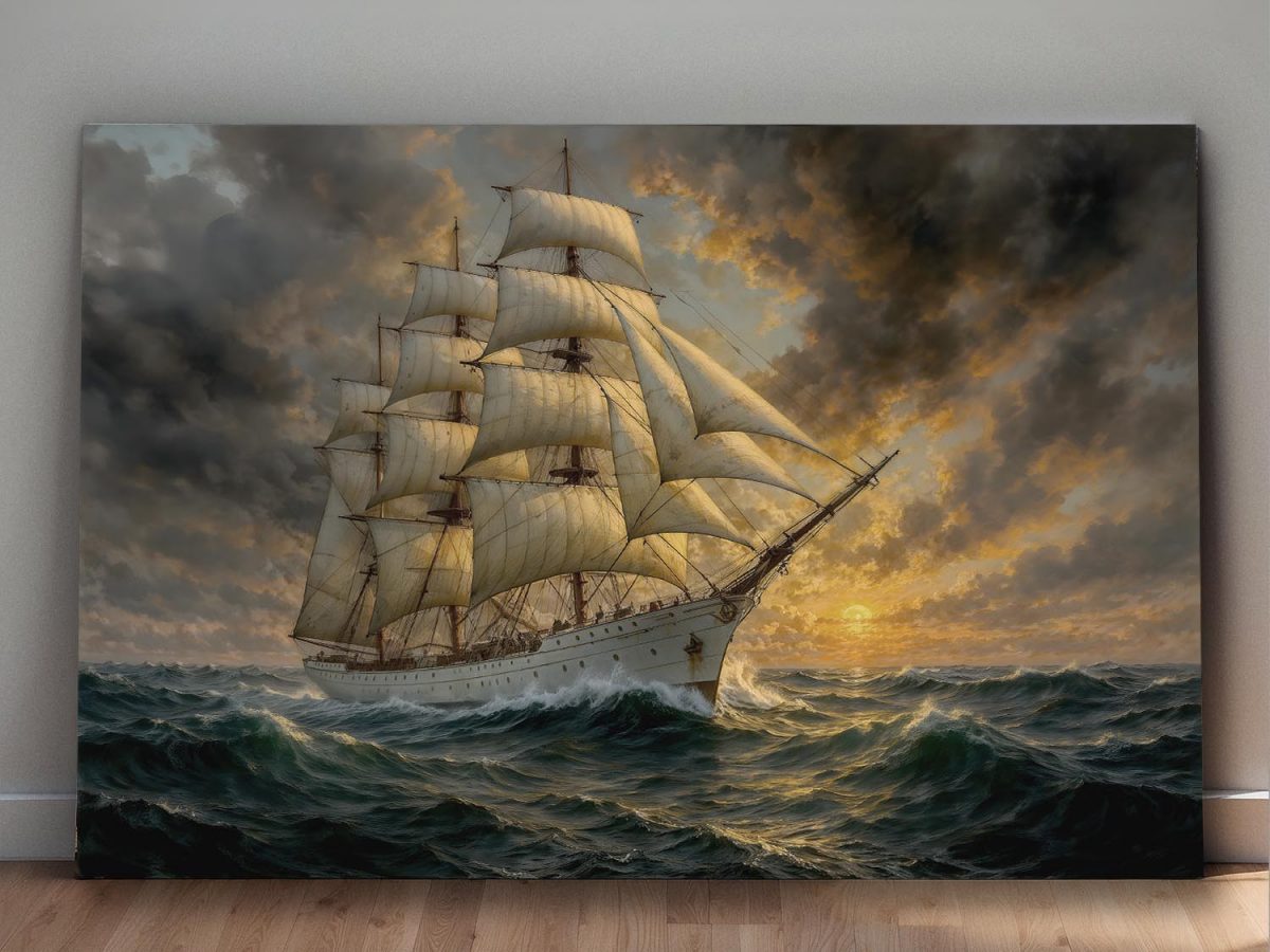 Segelschiff im Abendlicht , Druck auf Leinwand,