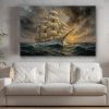 Segelschiff im Abendlicht , Druck auf Leinwand,
