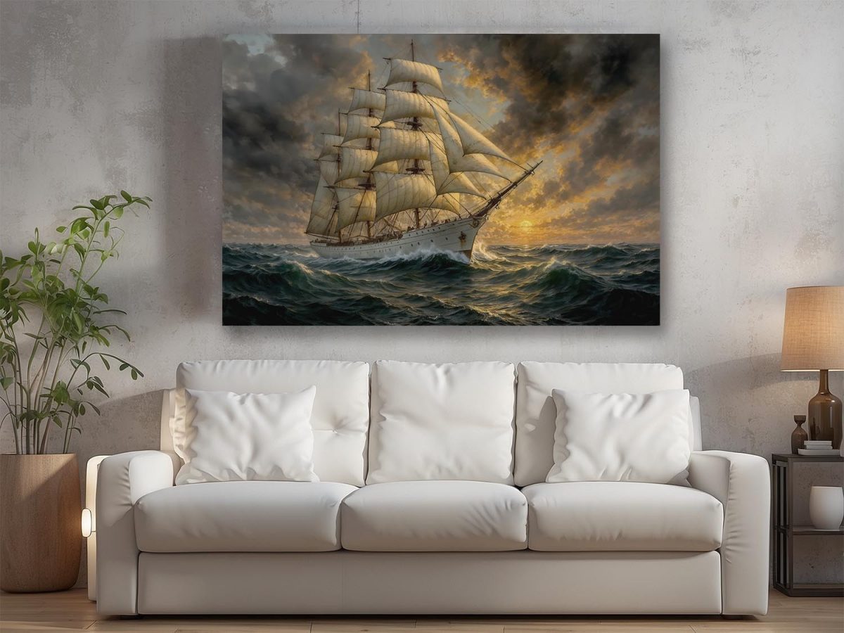 Segelschiff im Abendlicht , Druck auf Leinwand,