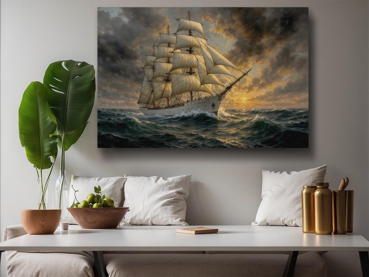 Segelschiff im Abendlicht , Druck auf Leinwand,