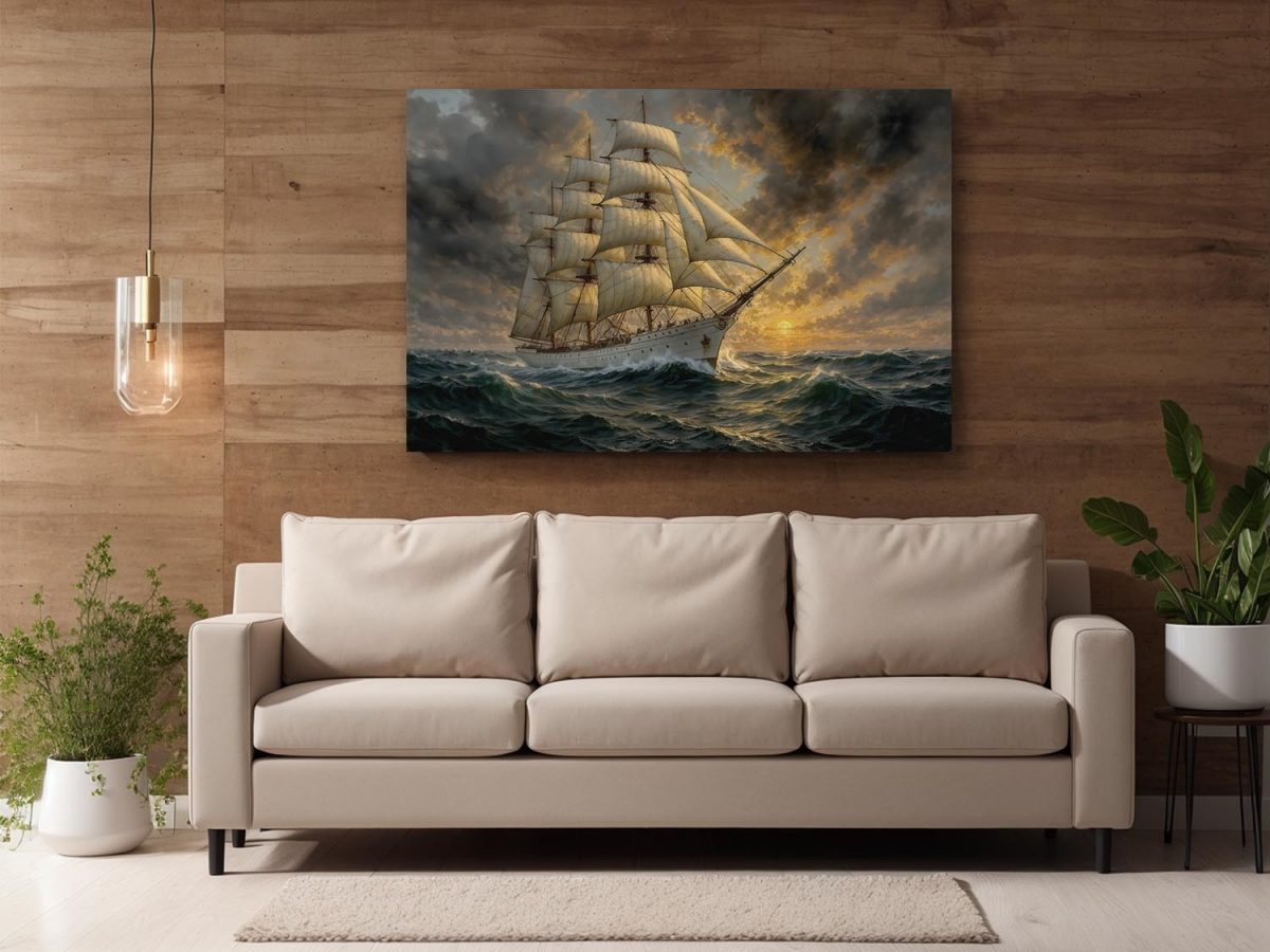 Segelschiff im Abendlicht , Druck auf Leinwand,