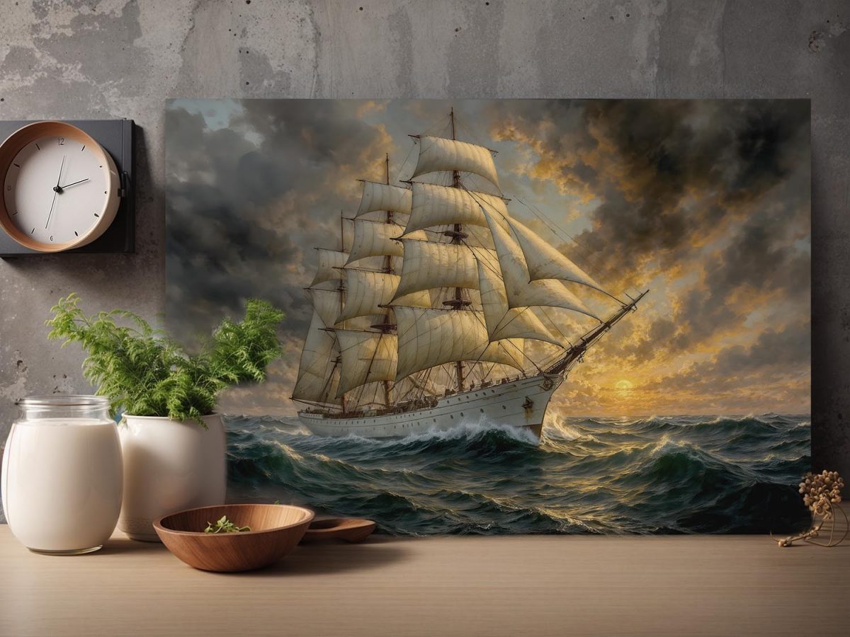 Segelschiff im Abendlicht , Druck auf Leinwand,