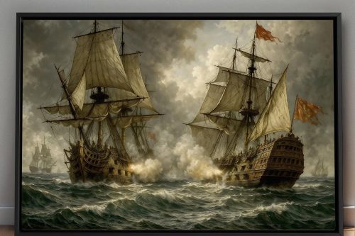 Segelschiff im Gefecht , Druck auf Leinwand im Schattenfugenrahmen