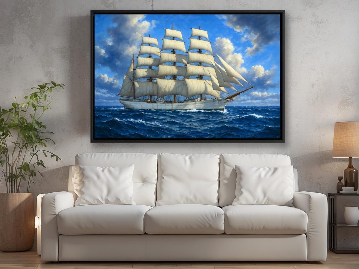 Segelschiff unter vollen Segeln , Druck auf Leinwand im Schattenfugenrahmen