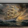 Segelschiff im Abendlicht , Druck auf Leinwand im Schattenfugenrahmen
