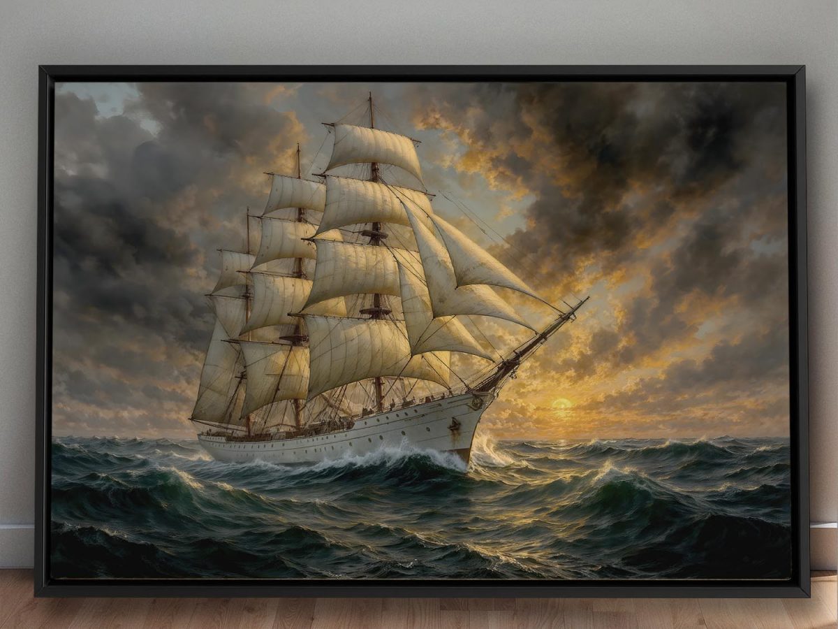 Segelschiff im Abendlicht , Druck auf Leinwand im Schattenfugenrahmen
