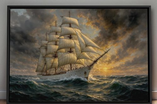 Segelschiff im Abendlicht , Druck auf Leinwand im Schattenfugenrahmen