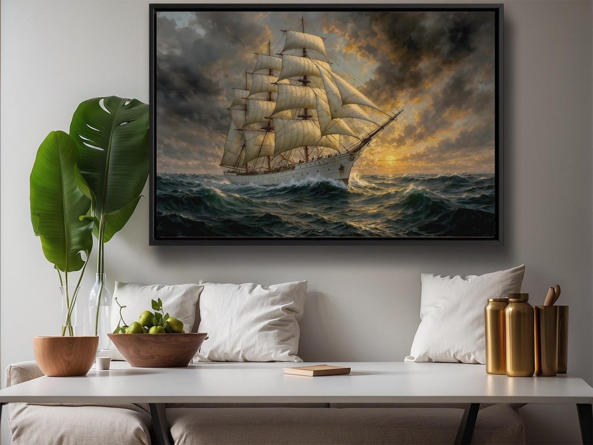 Segelschiff im Abendlicht , Druck auf Leinwand im Schattenfugenrahmen