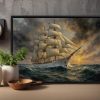 Segelschiff im Abendlicht , Druck auf Leinwand im Schattenfugenrahmen