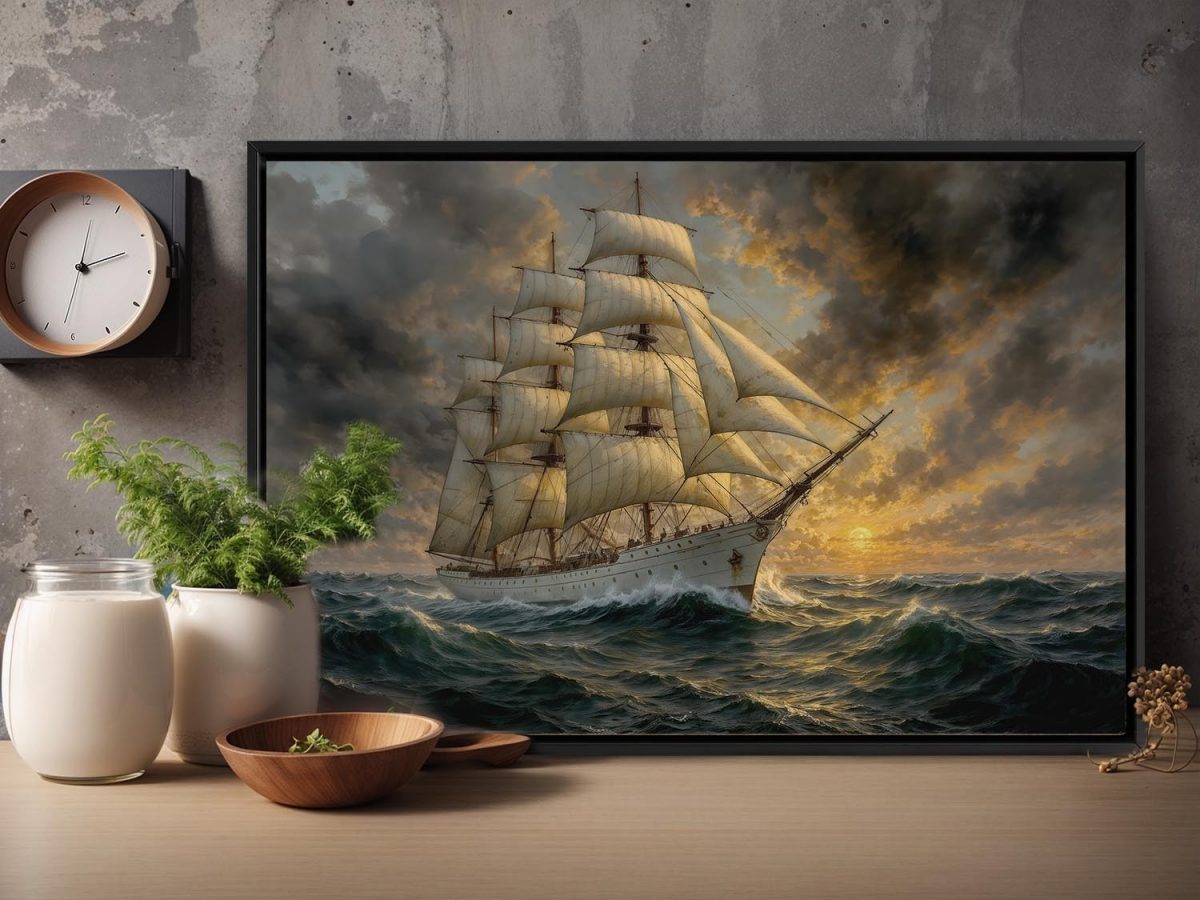 Segelschiff im Abendlicht , Druck auf Leinwand im Schattenfugenrahmen