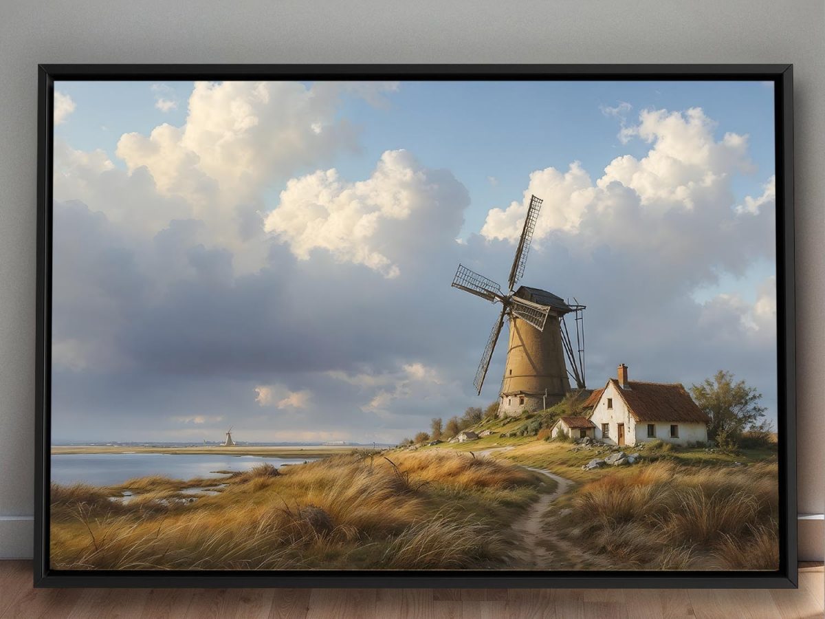 Historische Windmühlenlandschaft , Druck auf Leinwand im Schattenfugenrahmen