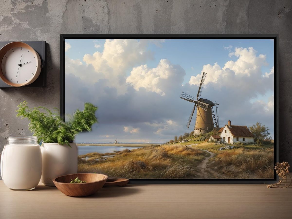 Historische Windmühlenlandschaft , Druck auf Leinwand im Schattenfugenrahmen