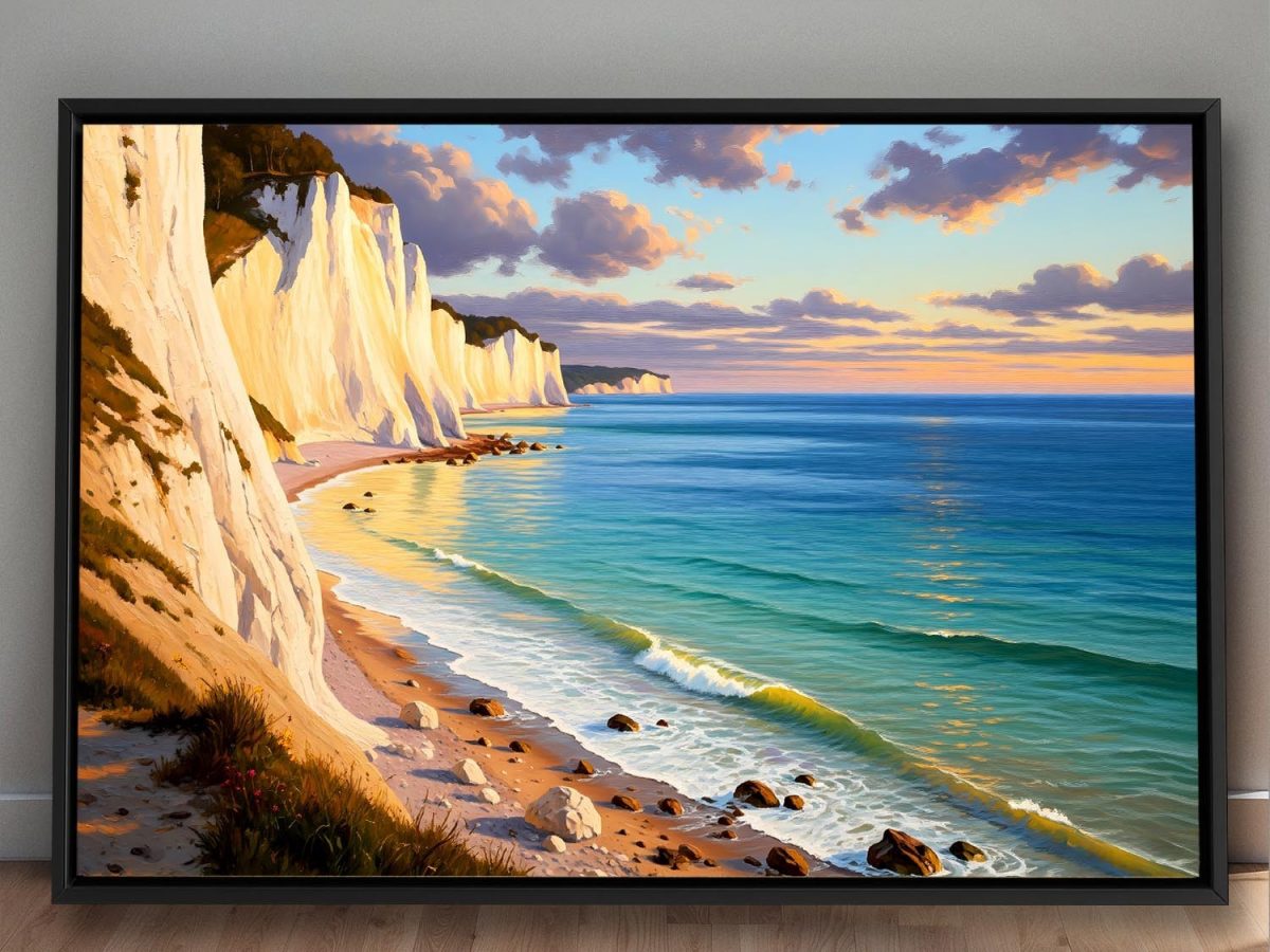 Küstenlandschaft mit Kreidefelsen, Druck auf Leinwand mit Rahmen