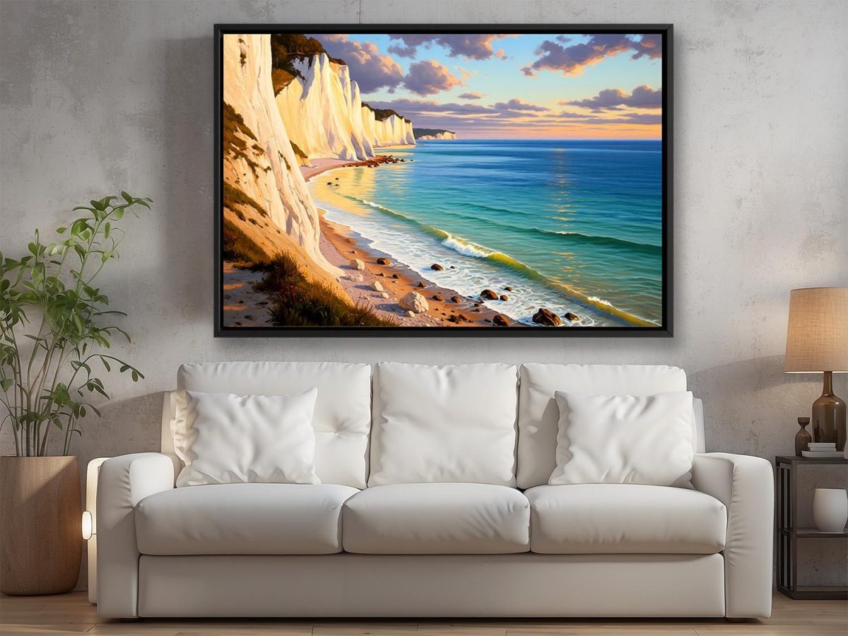 Küstenlandschaft mit Kreidefelsen, Druck auf Leinwand mit Rahmen