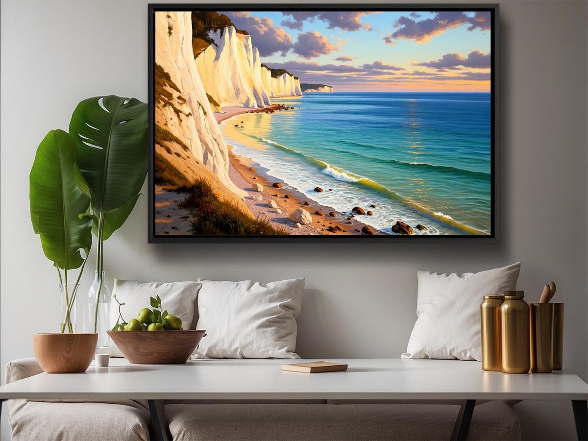 Küstenlandschaft mit Kreidefelsen, Druck auf Leinwand mit Rahmen