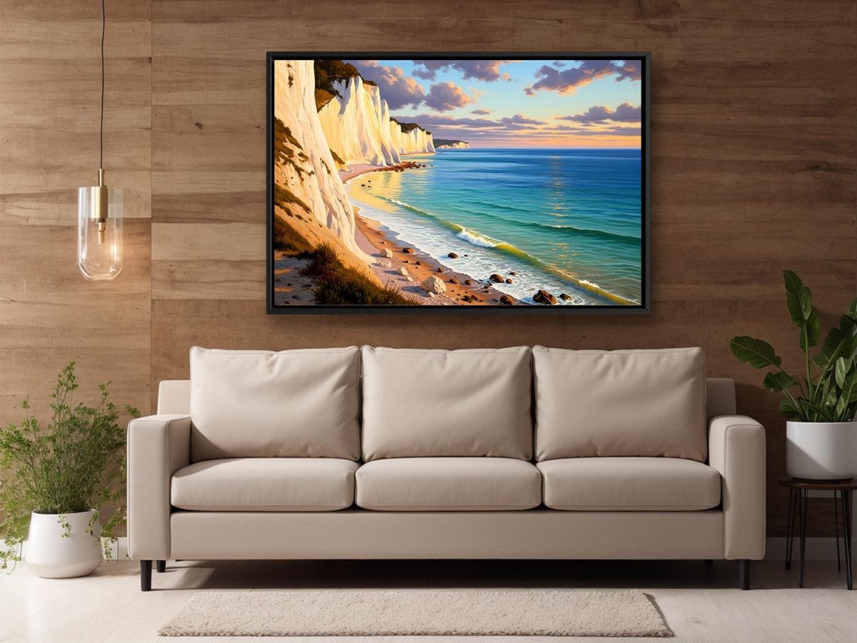 Küstenlandschaft mit Kreidefelsen, Druck auf Leinwand mit Rahmen