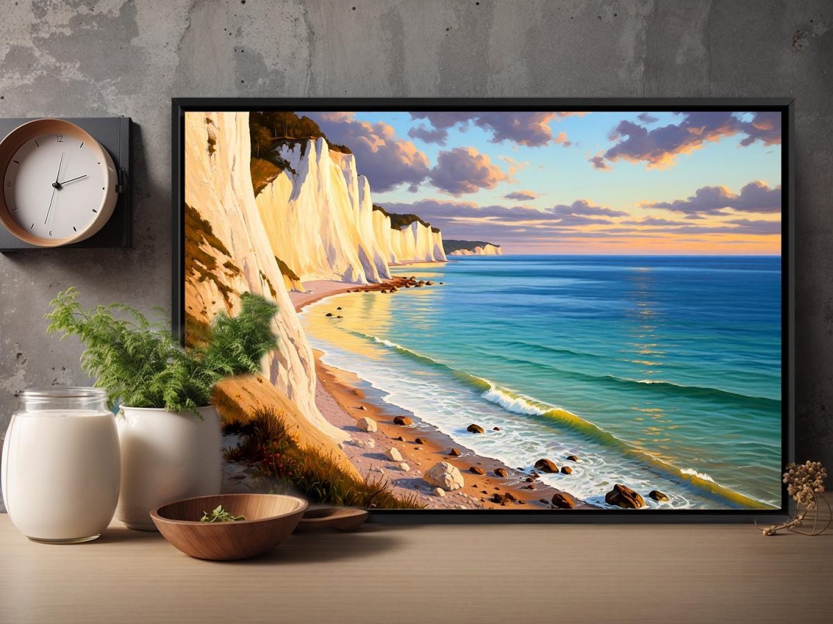 Küstenlandschaft mit Kreidefelsen, Druck auf Leinwand mit Rahmen