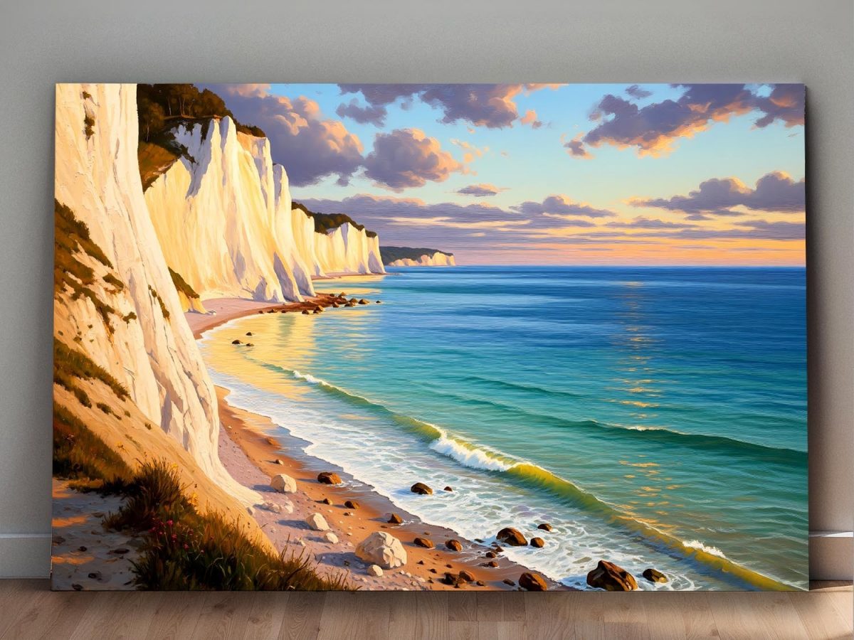 Küstenlandschaft mit Kreidefelsen, Digital Art, Druck auf Leinwand