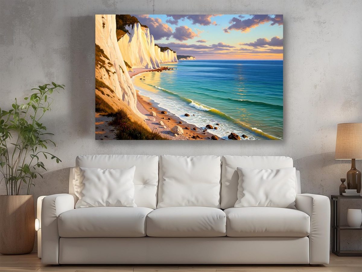 Küstenlandschaft mit Kreidefelsen, Digital Art, Druck auf Leinwand