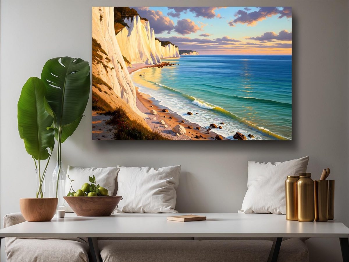 Küstenlandschaft mit Kreidefelsen, Digital Art, Druck auf Leinwand