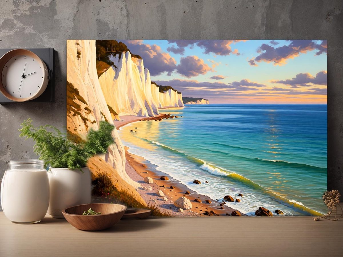 Küstenlandschaft mit Kreidefelsen, Digital Art, Druck auf Leinwand
