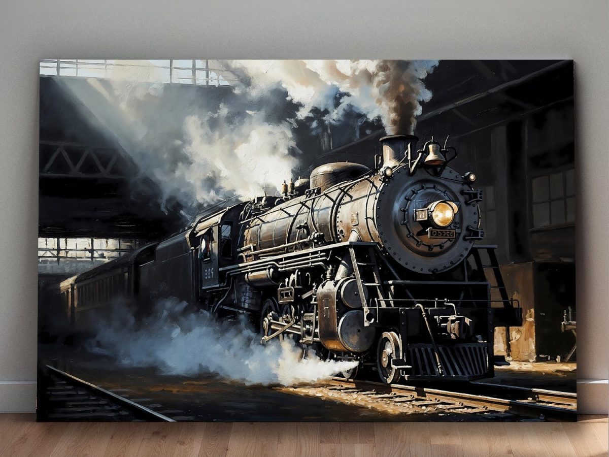 Dampflok bei Abfahrt aus dem Bahnhof , Druck auf Leinwand