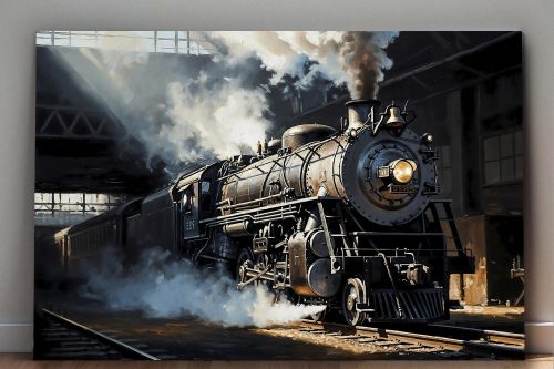 Dampflok bei Abfahrt aus dem Bahnhof , Druck auf Leinwand