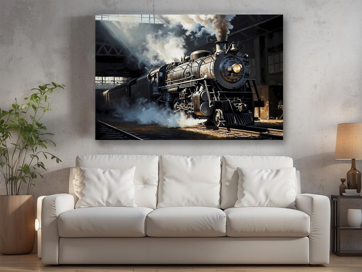 Dampflok bei Abfahrt aus dem Bahnhof , Druck auf Leinwand
