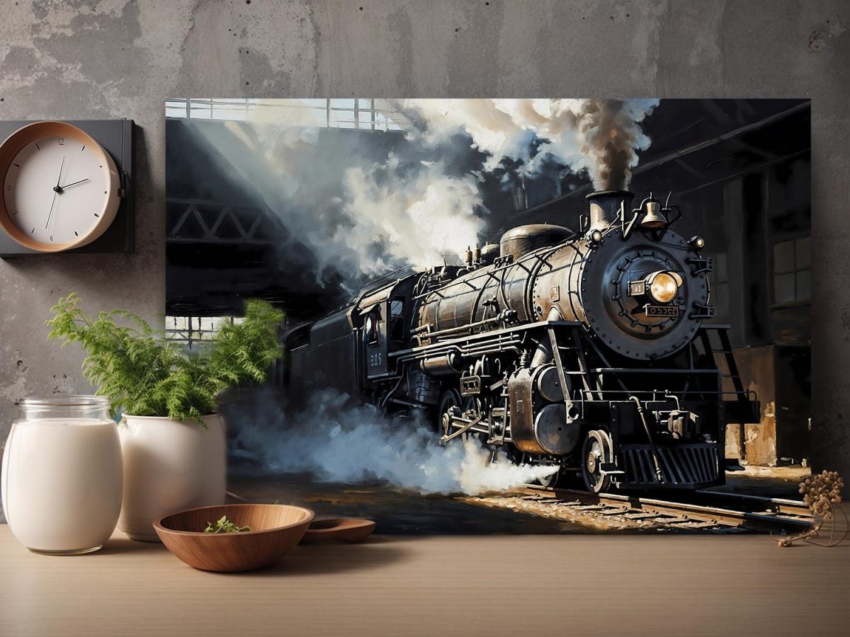 Dampflok bei Abfahrt aus dem Bahnhof , Druck auf Leinwand